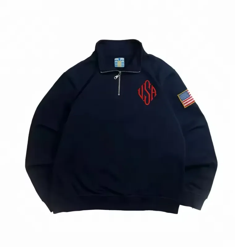 Pitt Y2K Retro Sweatshirt Lengan Sulaman Bendera AS Kolar Pendirian Quarterzip Pullover Niche Pakaian Jalanan Atasan Bersaiz Besar Uniseks