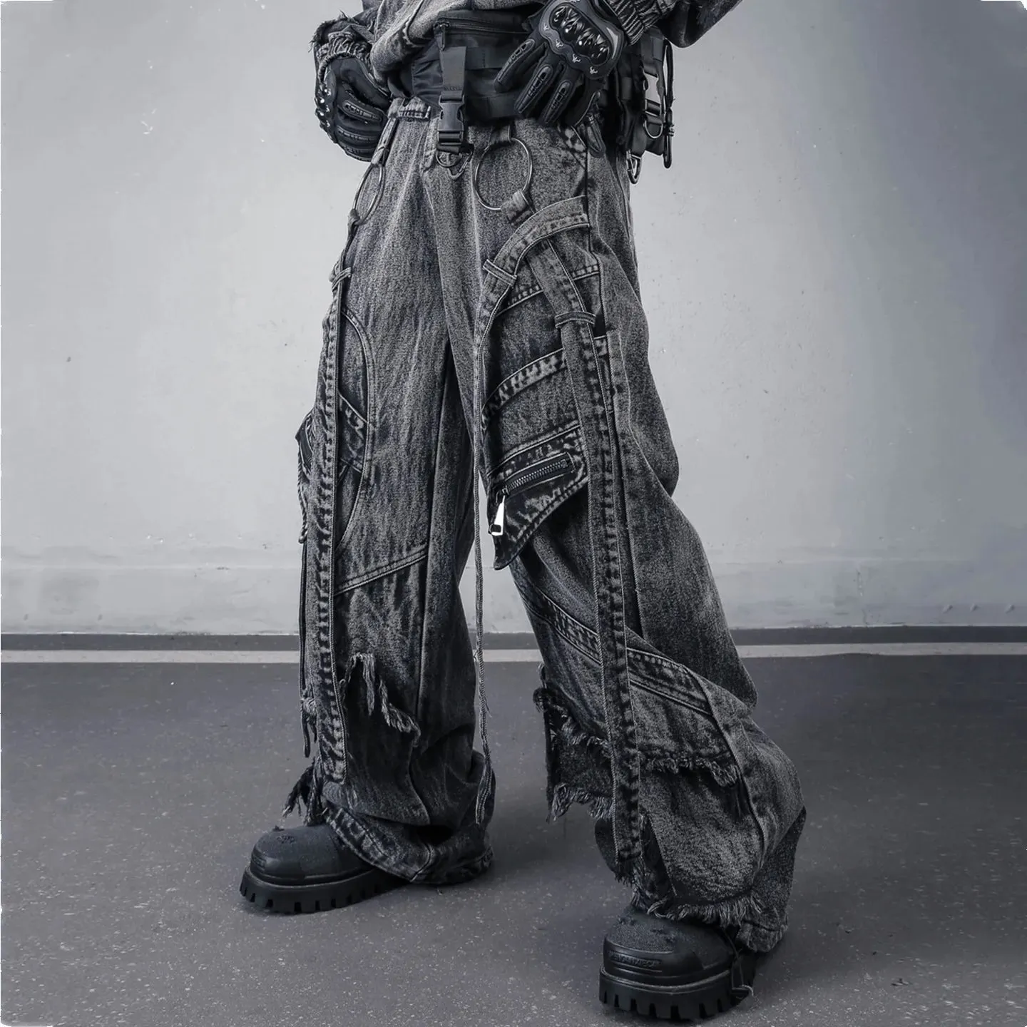 Deconstructed สายรัดล้าง Vintage Cargo กางเกงยีนส์ Man Woman Techwear Wasteland สไตล์ขากว้างยุทธวิธี Baggy กางเกง Street Wear — image 5