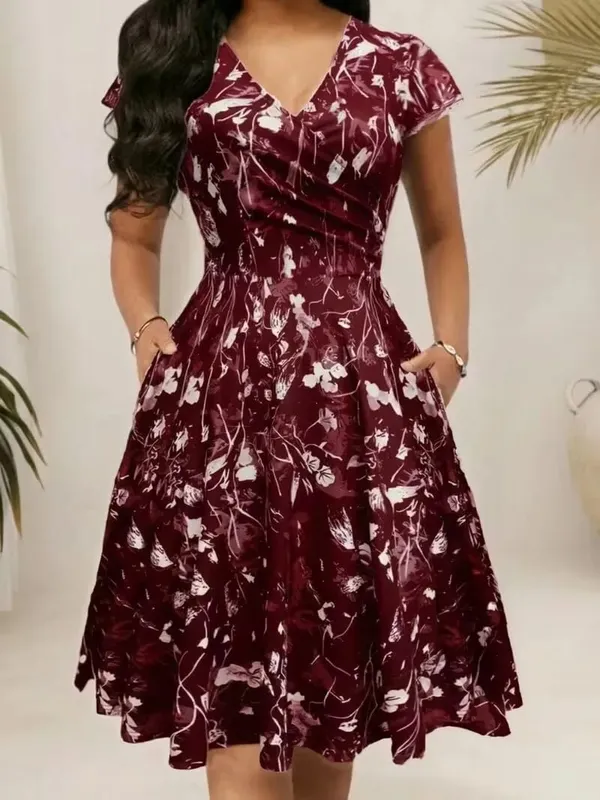 Elegantes, mit Blumenmuster bedrucktes, mittellanges Taschenkleid mit V-Ausschnitt und Polyestermischungen für den Frühling, Sommer und Herbst. Drei-Jahreszeiten-Damenkleid — image 10