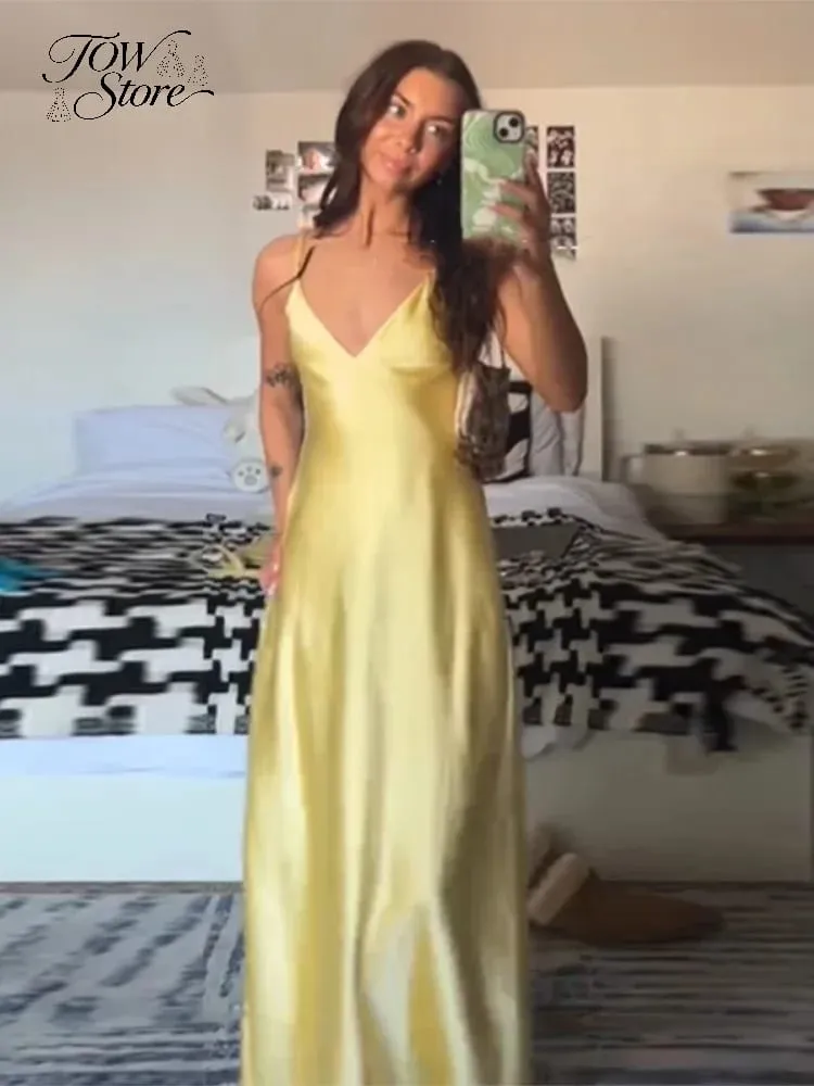 Abito lungo da donna in raso solido con fionda Abito lungo senza maniche con scollo a V senza schienale casual Abiti a pieghe 2026 Abiti da sera per le vacanze estive — image 6
