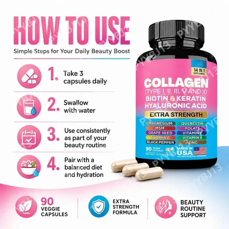 Collagen Biotin Keratin Hyaluronic Acid Capsules Extra Strength with Vitamins A C E and Zinc Skin Health 90 Capsules — image 2