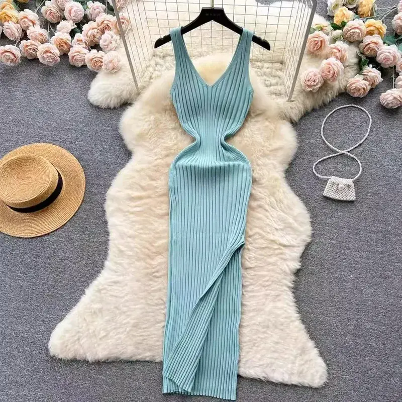 Women V Neck Solid Ribben Knitted Dresses Casual All Match Slimple Sexy Package Hips Bodycon Dress Elegant Vestidos Streetwear — image 7
