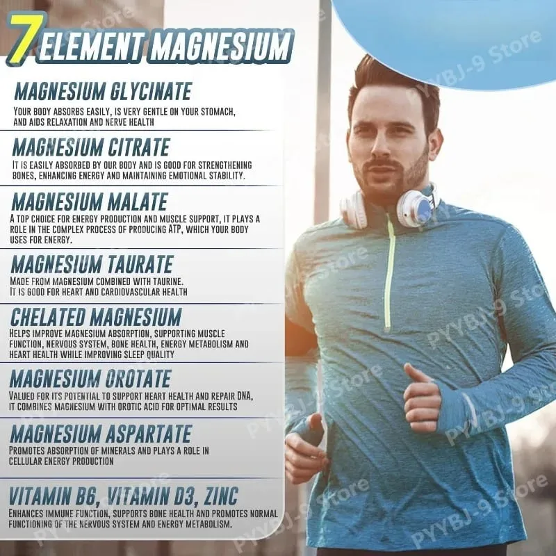 Suplemento complejo de magnesio 7 con glicinato, citrato, malato, quelato, zinc, vitamina D3 B6 para el alivio muscular del sueño, 60 cápsulas — image 3