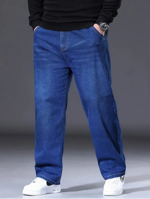 29-50 ขนาดผู้ชายยืดกางเกงยีนส์ขาตรงกางเกงยีนส์ขยายขนาดสีฟ้าสีดำStreetwear Relaxed Fitสำหรับทำงานสบายๆใหม่