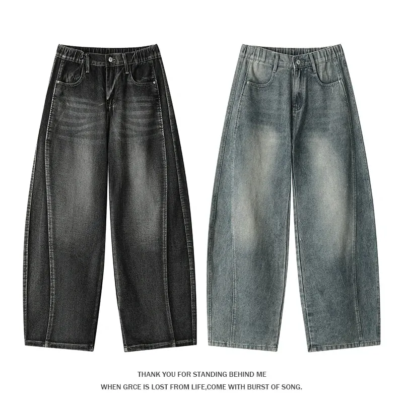 Jeans denim curvi da uomo taglie forti Pantaloni streetwear larghi larghi fino al pavimento con giunture lavate High Street retrò — image 1