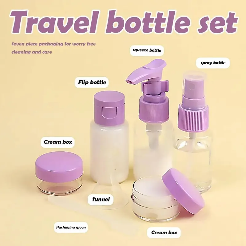 Kit da 7 flaconi da viaggio Contenitori da toilette portatili a prova di perdite Bottiglie cosmetiche trasparenti da viaggio per lozione Shampoo Crema — image 5