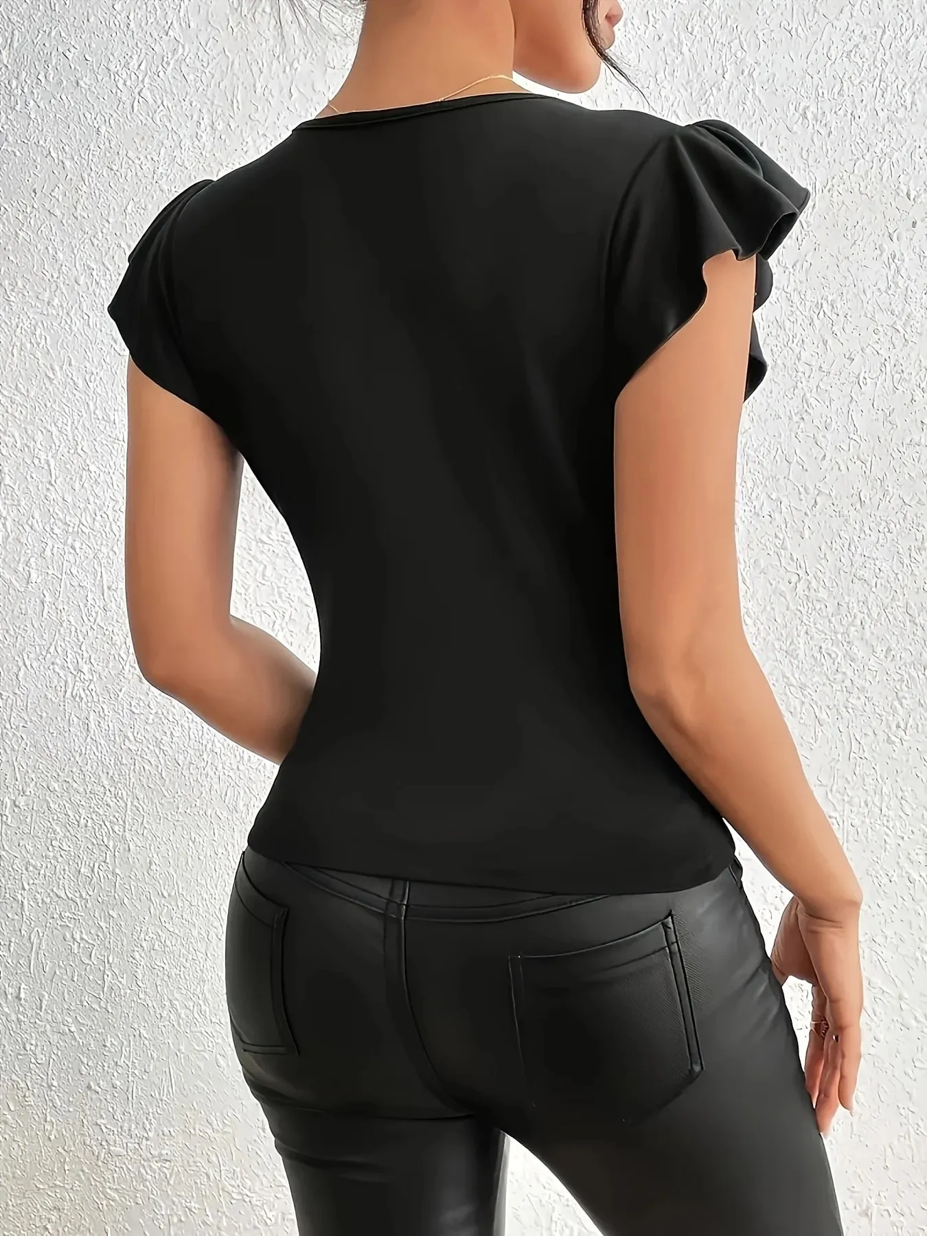 Sexet Deep V Sheer Mesh Patchwork Flutter Sleeve Slim Fit Bodysuit