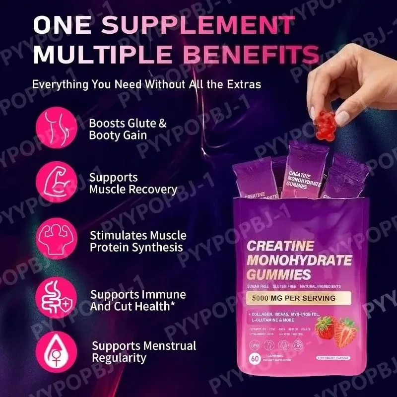 Kreatin Monohydrat Gummies 60 Count med kollagen biotin vitamin D3 og hyaluronsyre til daglig restitution før og efter træning — image 3
