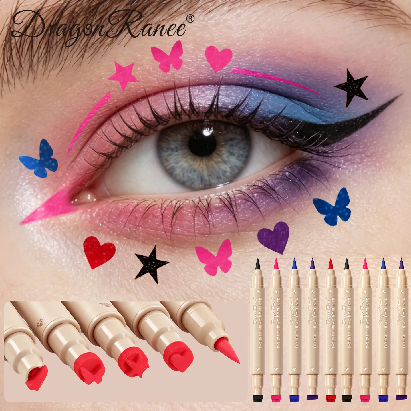 Double-ended Love Star Butterfly อายไลเนอร์กันน้ำ Smudge-Proof Quick Drying 2 in 1 ที่มีสีสัน Stamp Eye Line ปากกาแต่งหน้า — image 1