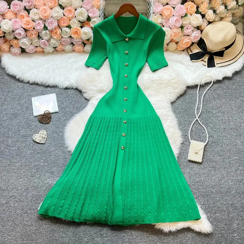 YuooMuoo Brand Fashion Elegant Patchwork Knitted Long Dress Spring Summer Women Luxury Shirt Sweater Dress Lady Party Vestido — image 7