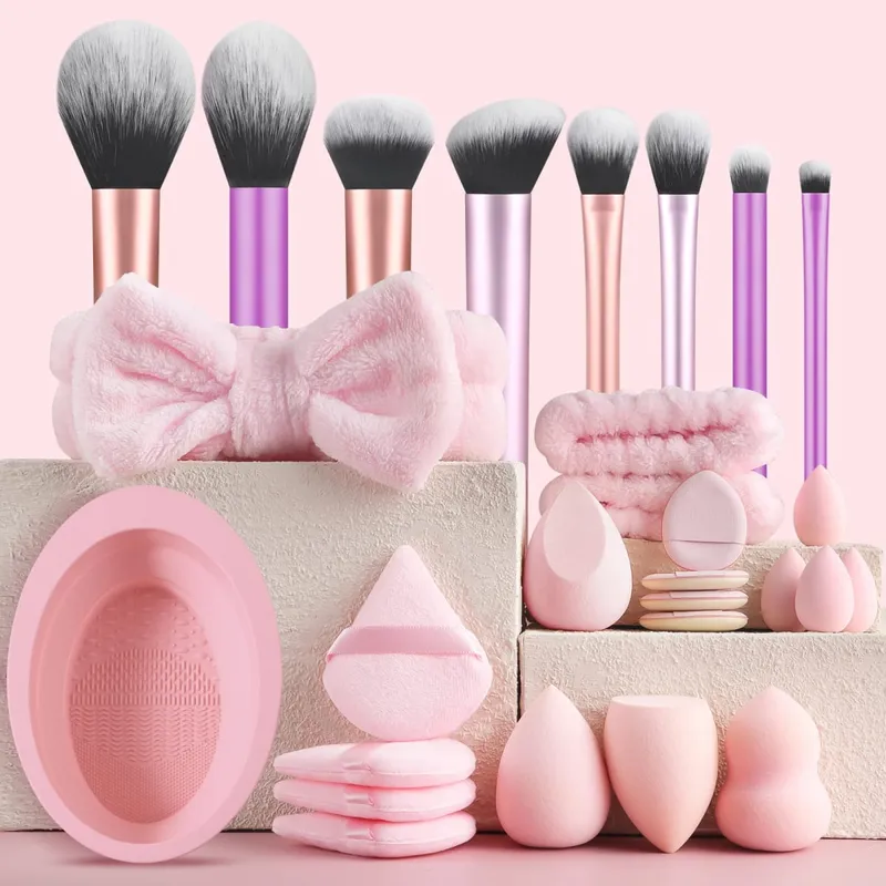 28-delt makeup-værktøjssæt - 8-delt professionelle makeup-børster + toiletartikler sæt og vaskeskål & pufsvamp æg kombination — image 8