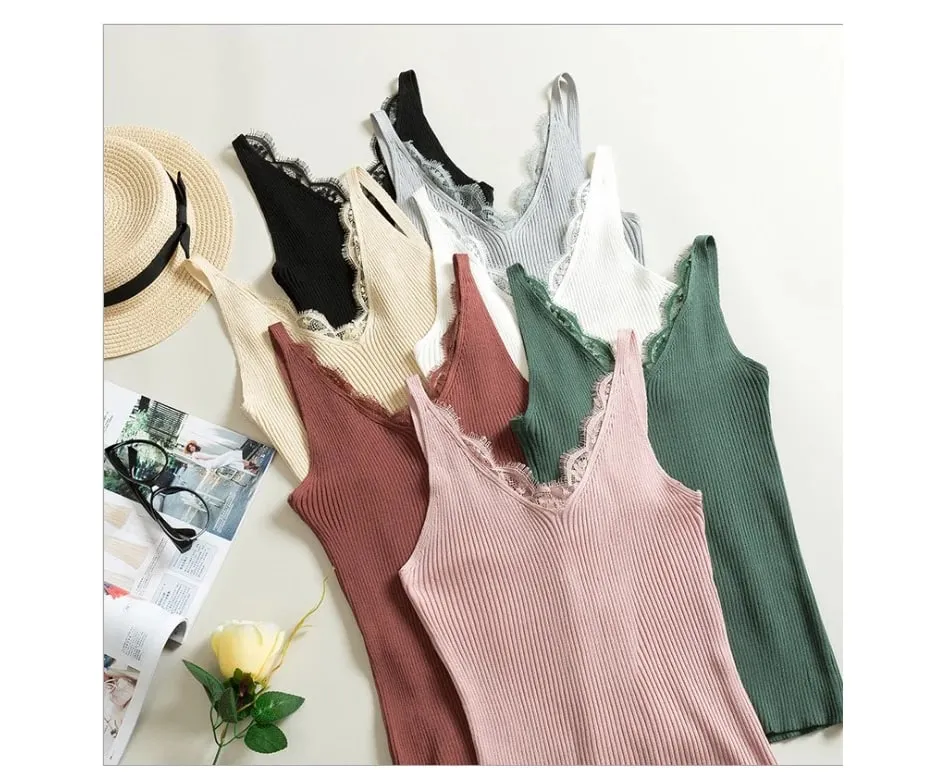 Baju Atasan Kasual Musim Panas 2026 Jahitan Pejal V-leher Camis Wanita Cangkuk Bunga Renda Tangki Wanita Rajutan Baju Tanpa Lengan Pendek Ramping