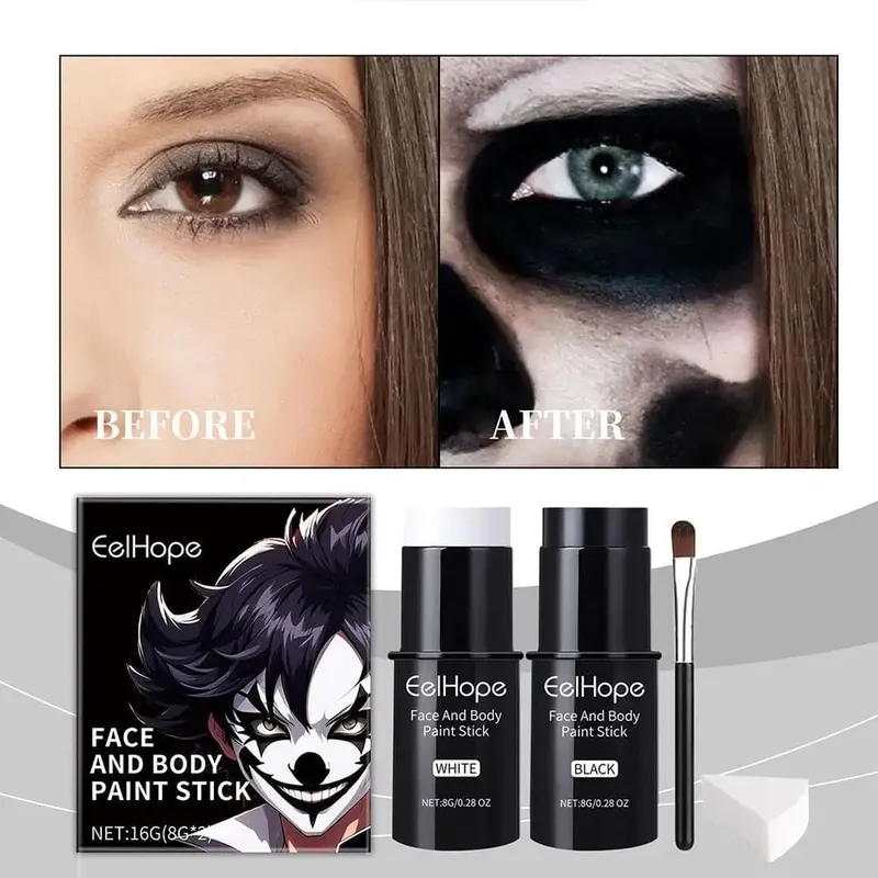 Fond de teint Clown coloré, imperméable, longue durée, accessoires de maquillage festifs d'halloween, Kit de peinture pour le visage et le corps, noir et blanc — image 7