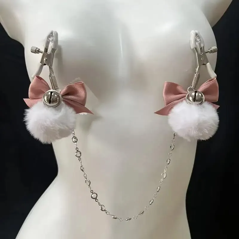 Flauschige Schleife Nippelklammern Glöckchenkragen Körperkette Rosa Brustfesseln BDSM Sexspielzeug für Erwachsene für Frauen — image 9