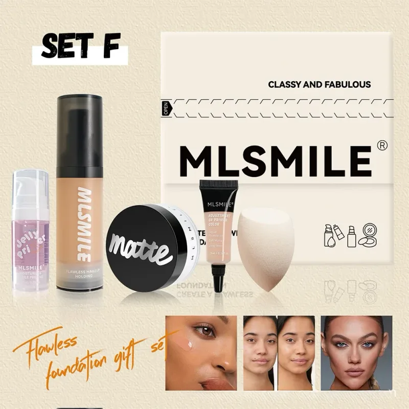 Set Rias Wajah All in One Liquid Foundation Powder Primer dan Egg untuk Hasil Matte Tahan Lama