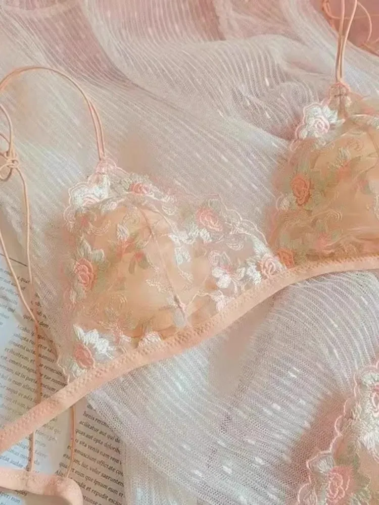Fransk ren Desire Broderet Blonde Drømmetrekant Skål uden bøjle Tyndt bælte Lille BH-sæt Ultratyndt sexet BH-sæt — image 3