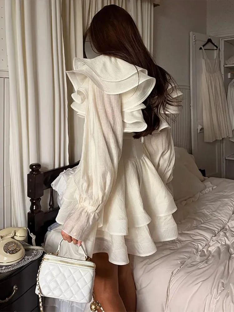 Solid flæse-minikjole U-hals Lange pufærmer Slips-hals Tiered Hem Sweet Style Kjole Bløde Pastelfarver Mode Chic Kvinder Outfit — image 3