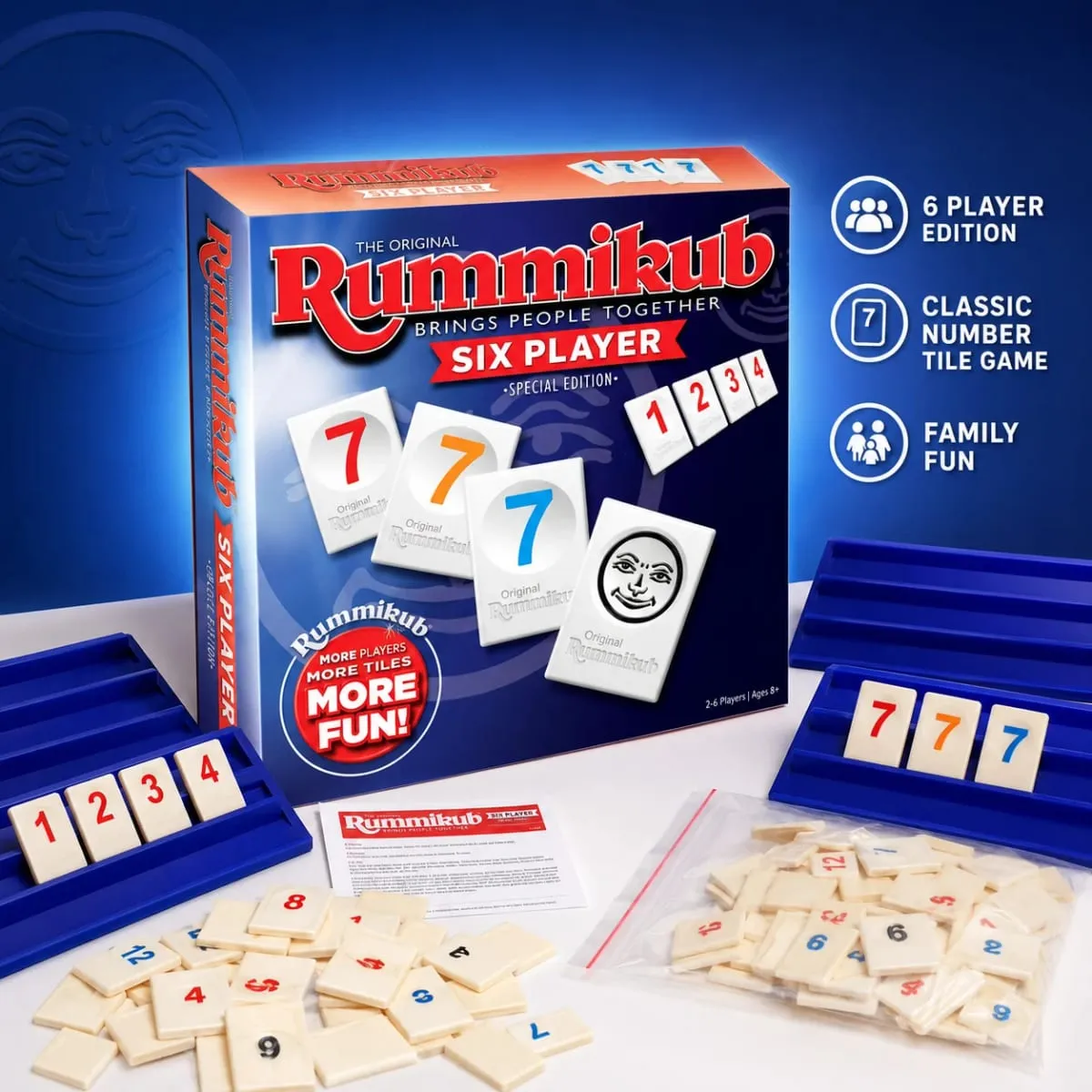 Rummikub เกมกระดานกลยุทธ์สำหรับผู้เล่นหกคนพร้อม Blue Racks Number Logic Family Party เวอร์ชันภาษาอังกฤษ — image 2