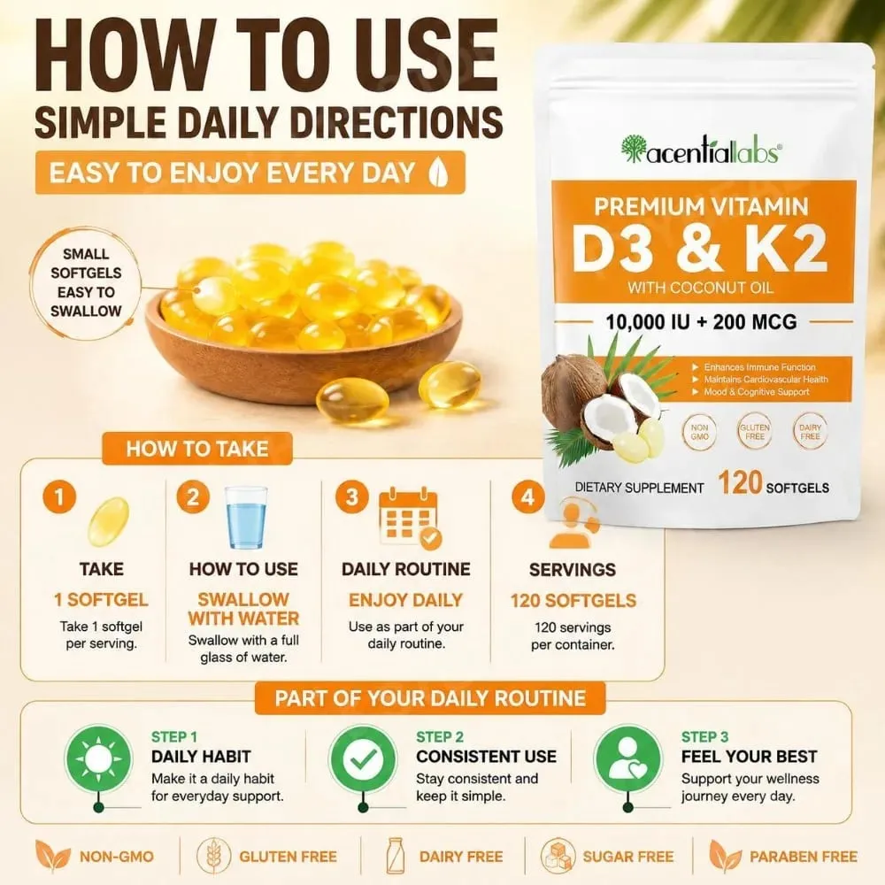 AcentiaLabs Vitamin D3 & K2 Softgels dengan Fungsi Kekebalan Minyak Kelapa dan Dukungan Tulang Bebas Gluten Non-GMO 120 Softgels — image 6