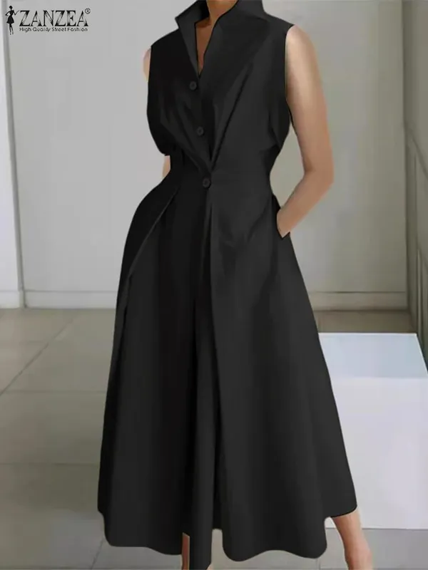 Elegant Chic ผู้หญิงชุดยาวลำลองแขนสั้นคอเอวสูง Casual & Day เสื้อชุดสีทึบ S-3XL — image 14