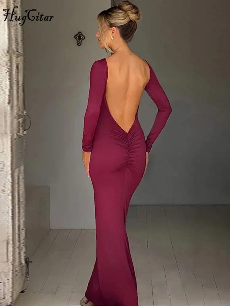 Hugcitar Spring Elegant Langærmet Rygløs Solid Cuched Sexet Bodycon Maxi Gallakjole Kvinder Outfit Aften Fest Festival Y2K