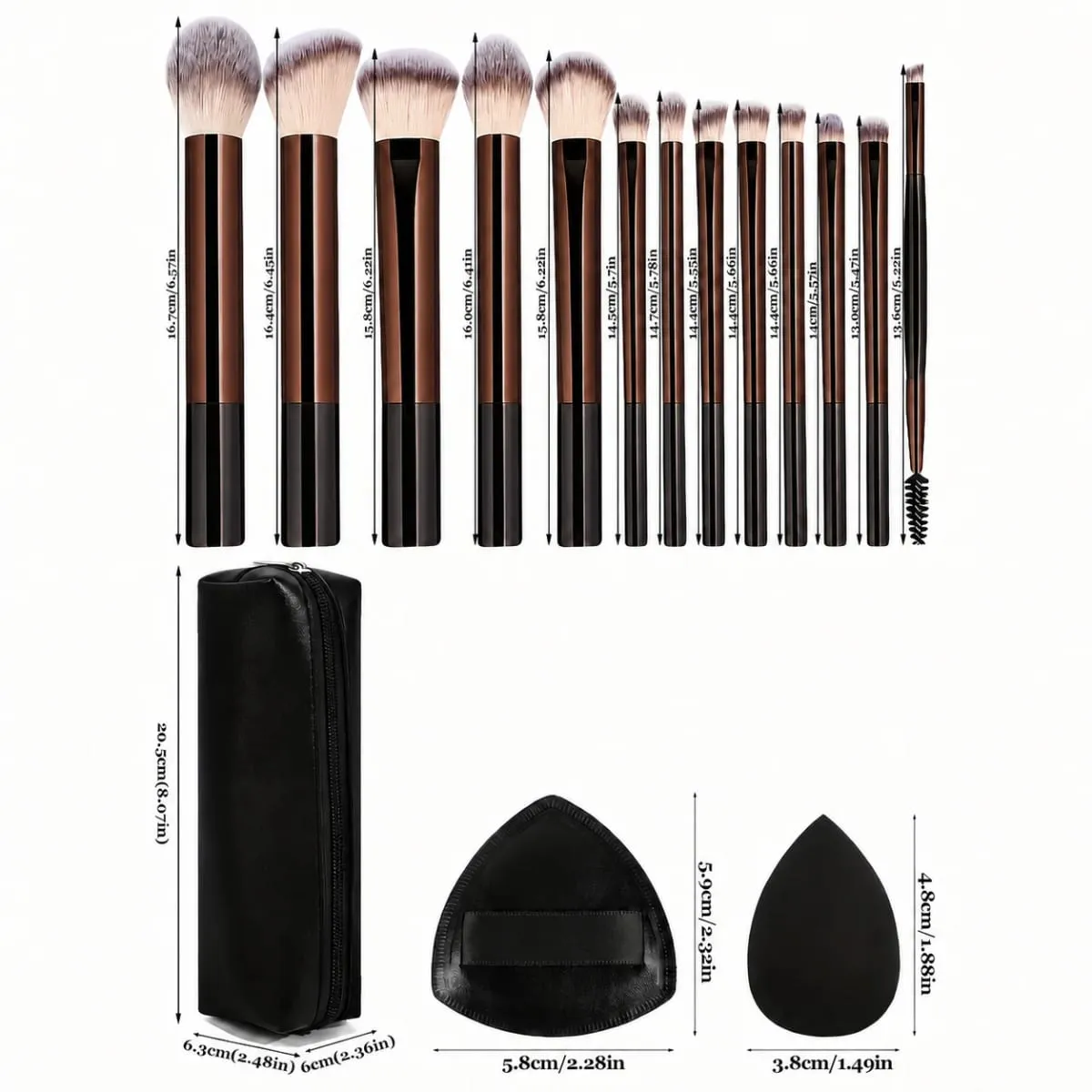 Kit per trucco professionale da 17 pezzi, incluso 13 pennelli in alluminio, borsa per il trasporto e 3 bignè in spugna, ombretto in polvere, fard e dettagli. — image 4