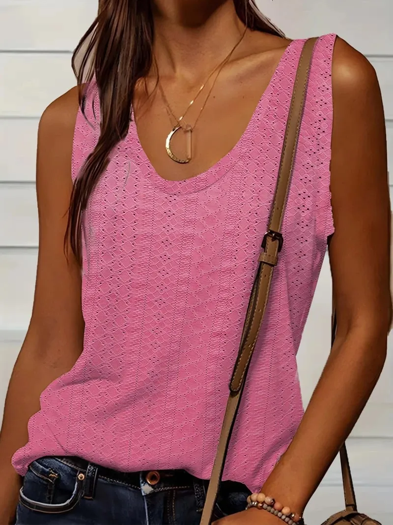 Damen-Tanktop für Frühling und Sommer, weiß, V-Ausschnitt, ärmellos, perforierte Textur, entspannt, frisch, elegant, täglich, lässig — image 8