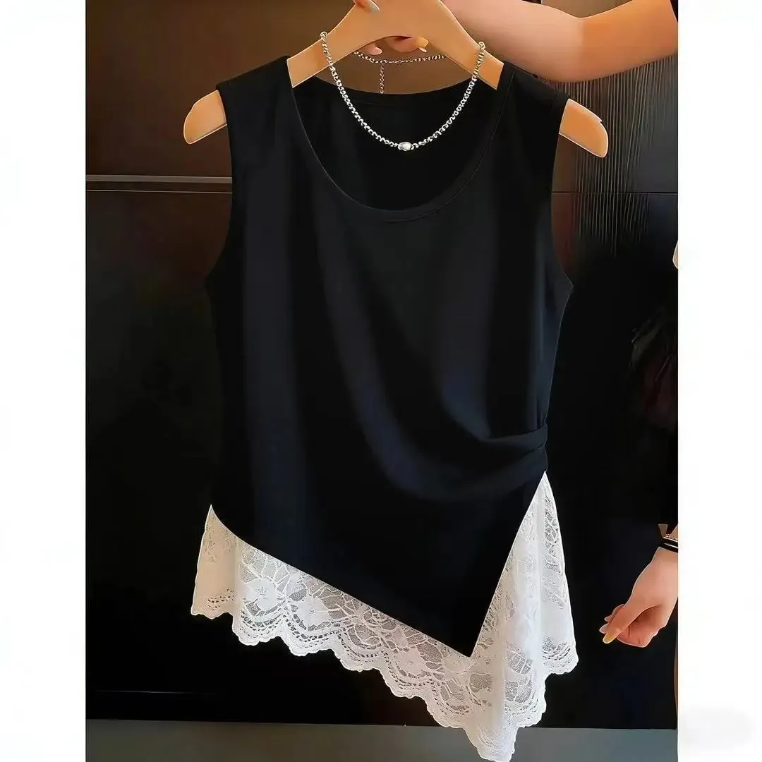 Vêtements de grande taille pour femmes, nouveau design plissé, sens de la dentelle, épissage de dentelle, gilet irrégulier, printemps et été — image 8