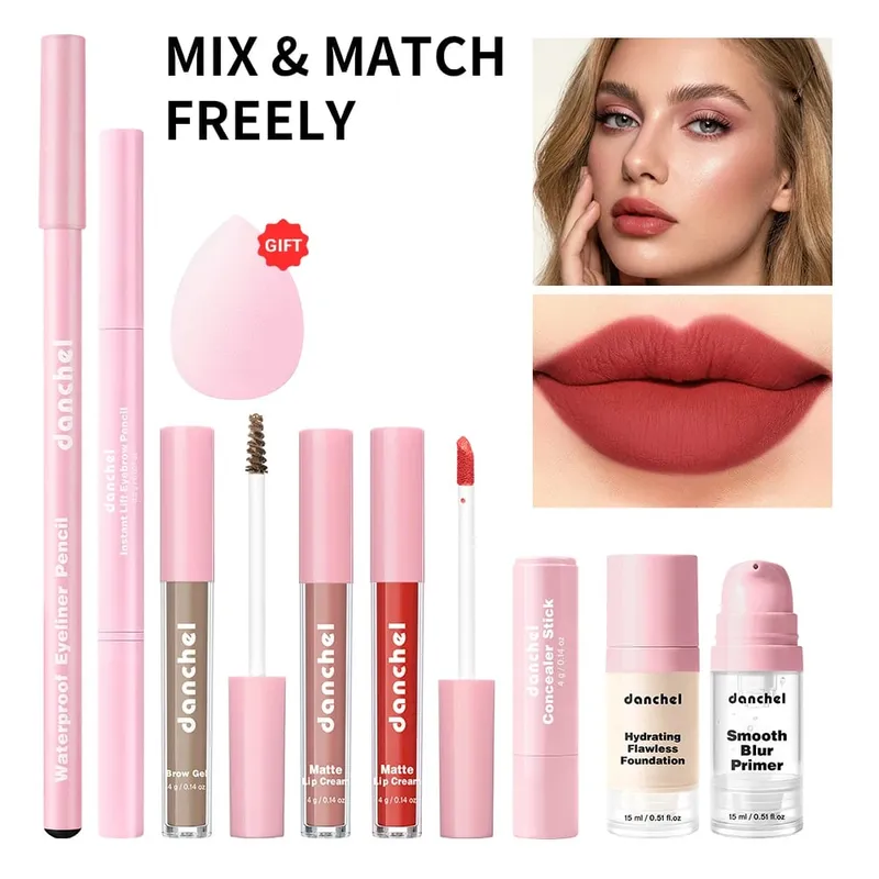 Alt-i-én makeup-sæt til hele ansigtet indeholder Primer Foundation Eyebrow Pencil Eyeliner Concealer Stick Lip Gloss Kosmetisk Kit til Wo
