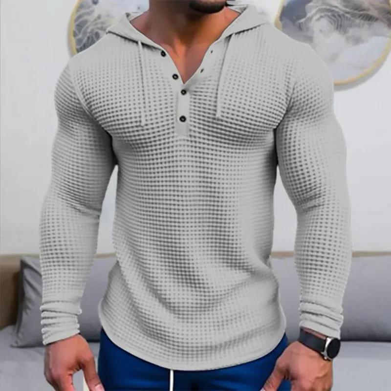 Spring Solid Color Slim Fit Long Sleeved T-shirt Men's Hooded Breathable Sports Top Waffle Cotton Casual Long Sleeved Shirt — image 3