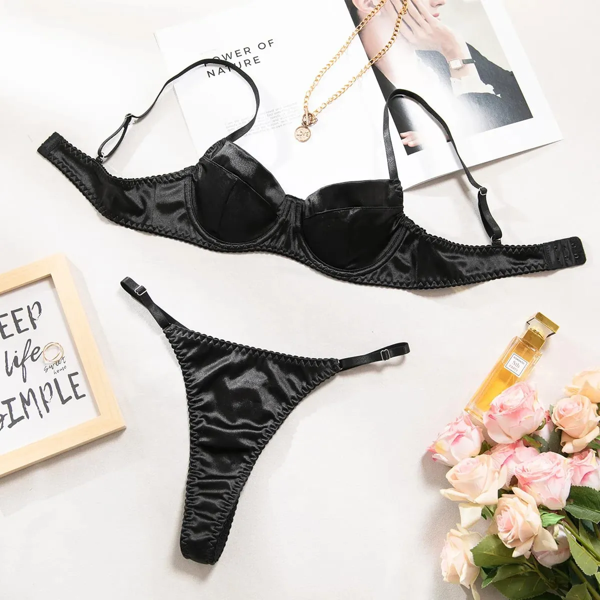 النساء الملابس الداخلية 2 قطعة مجموعة الصدرية مثير Underwire رفع الساتان المرقعة حمالات الصدر و أطقم الدعاوى جذابة Bilizna الحميمة مجموعة — image 5