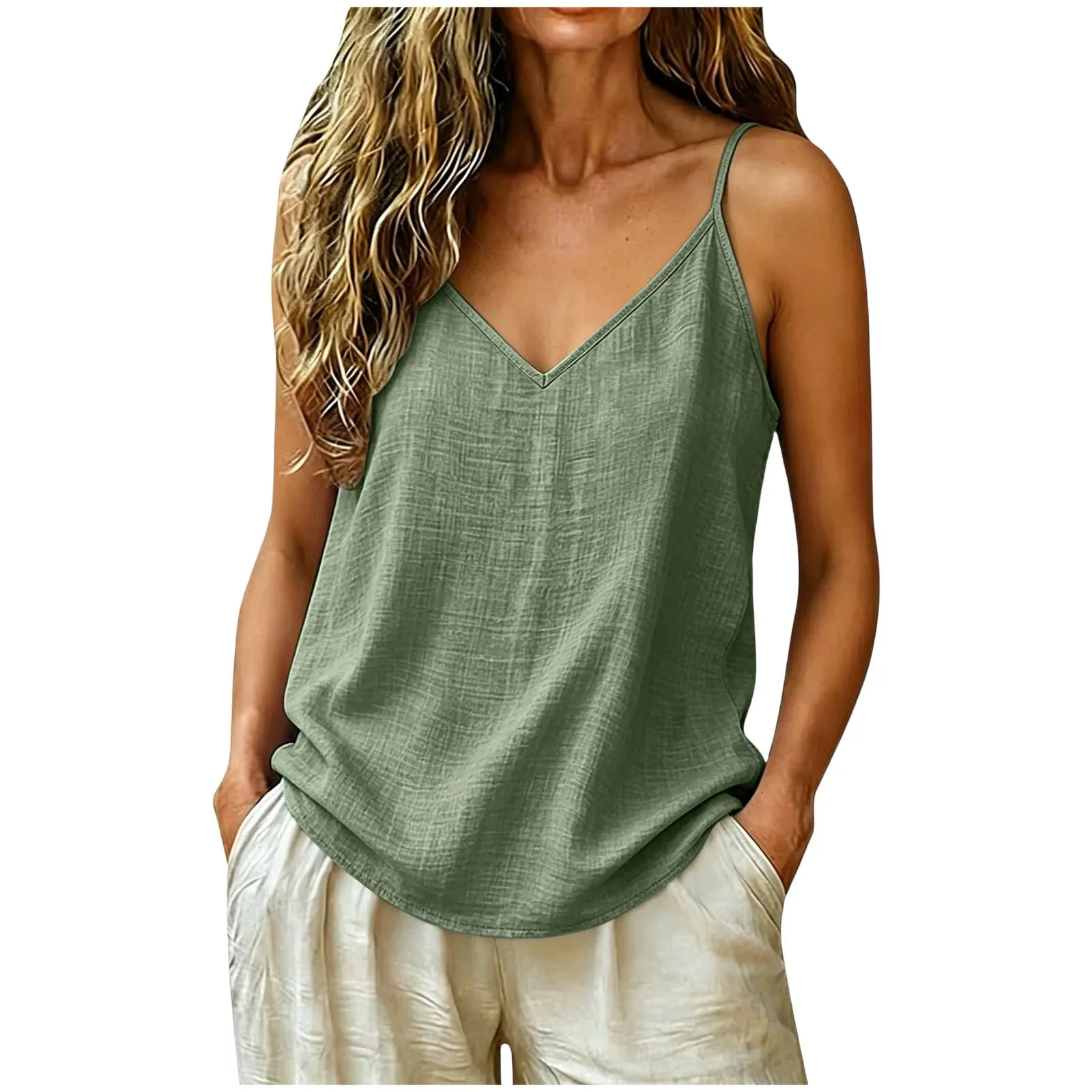 Tank Top Tali Spaghetti Linen Katun Wanita Atasan Pantai Musim Panas Kamisol Tanpa Lengan Kasual Ringan Longgar Warna Polos Leher V — image 3