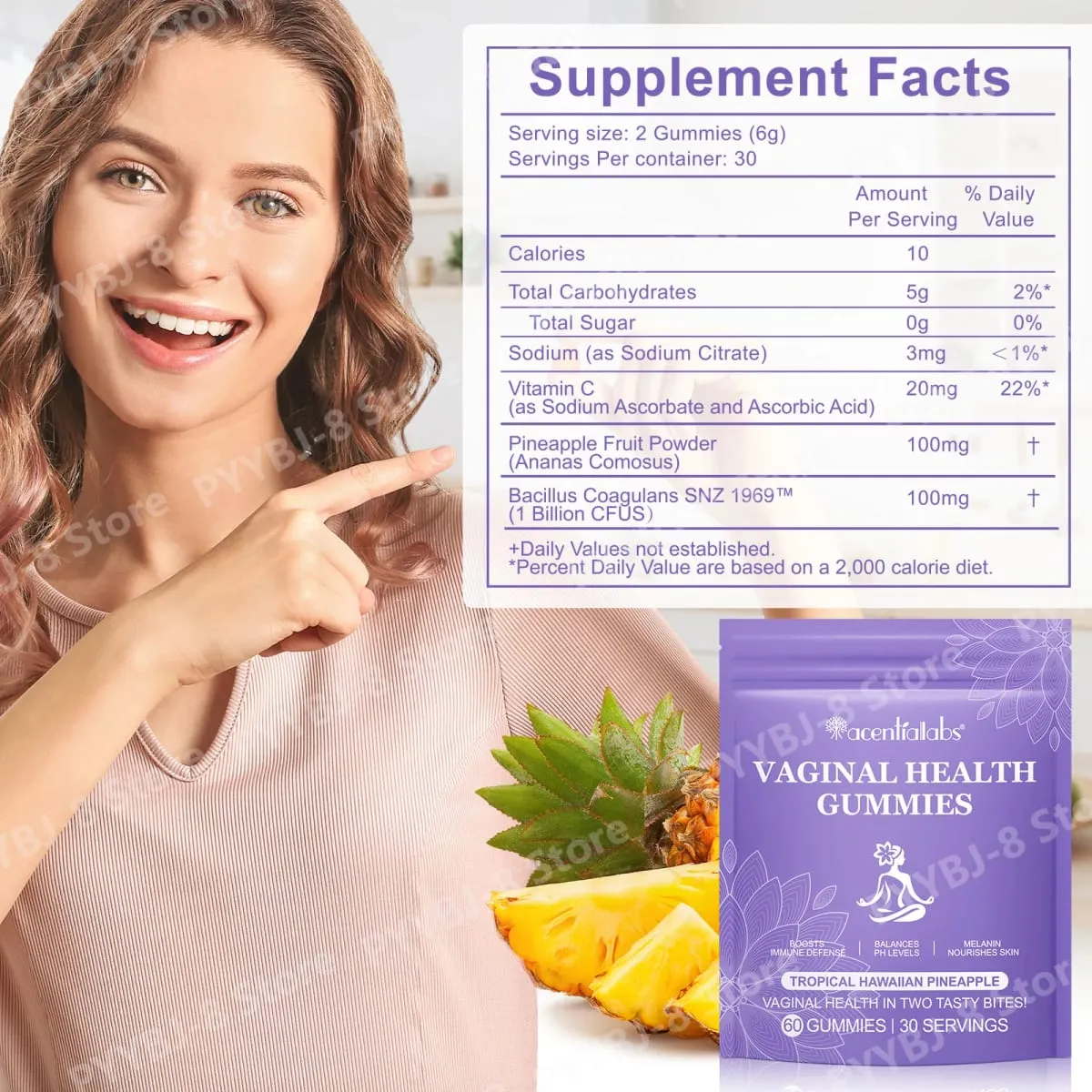 Acentiallabs กัมมี่สุขภาพช่องคลอดพร้อม Bacillus Coagulans และวิตามินซีรองรับการป้องกันภูมิคุ้มกันและความสมดุลของค่า pH 60 กัมมี่ — image 3