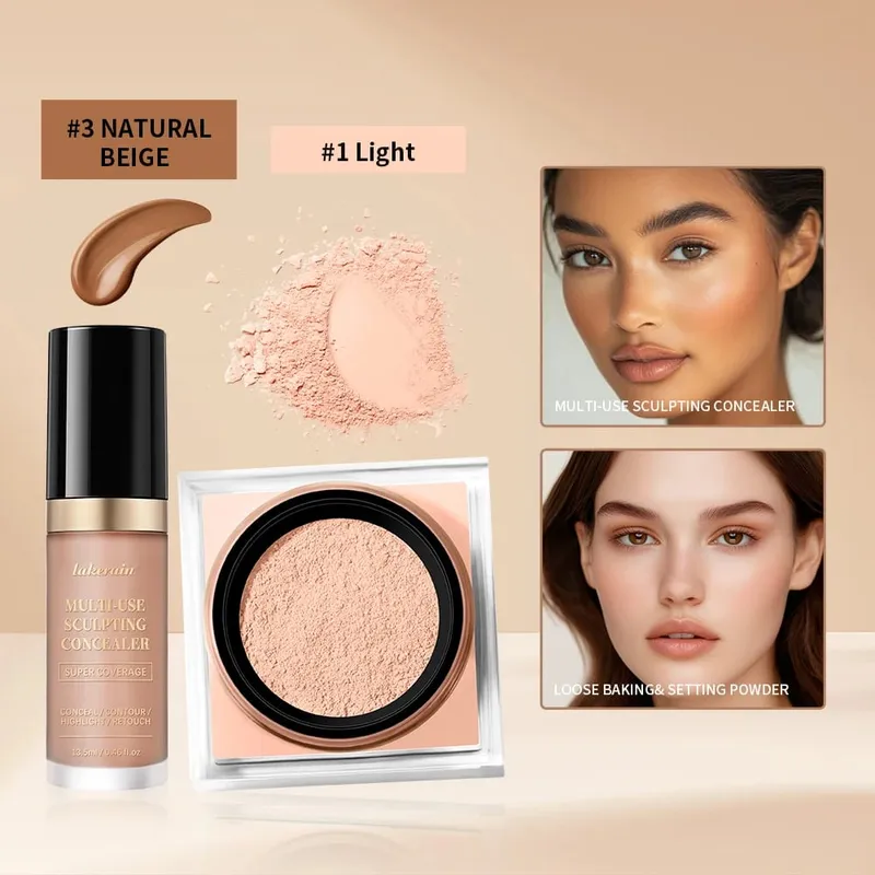 Set Solekan Wajah 2pcs Dengan Concealer dan Bedak Tetapan Longgar Wajah Asli Licin Matte Kemasan Kosmetik Wanita Makeup Korea