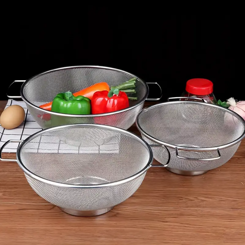 2pcs 21sm+24sm Bakul Longkang Keluli Tahan Karat Bakul Dapur dengan Pemegang Bakul Basuh Sayuran Penapis Beras