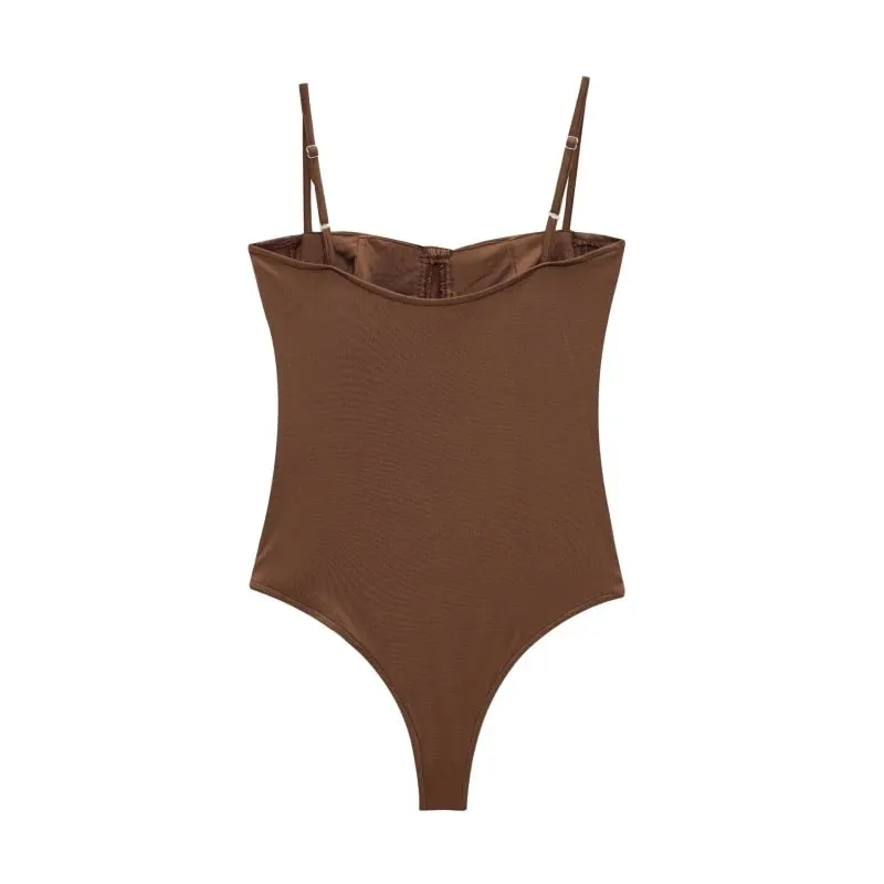 2026 Sexy Underwire Spaghetti Strap Bodysuit for Women – Spring Summer Slimming Bodycon Daily Outfit with Flare Jeans — image 3