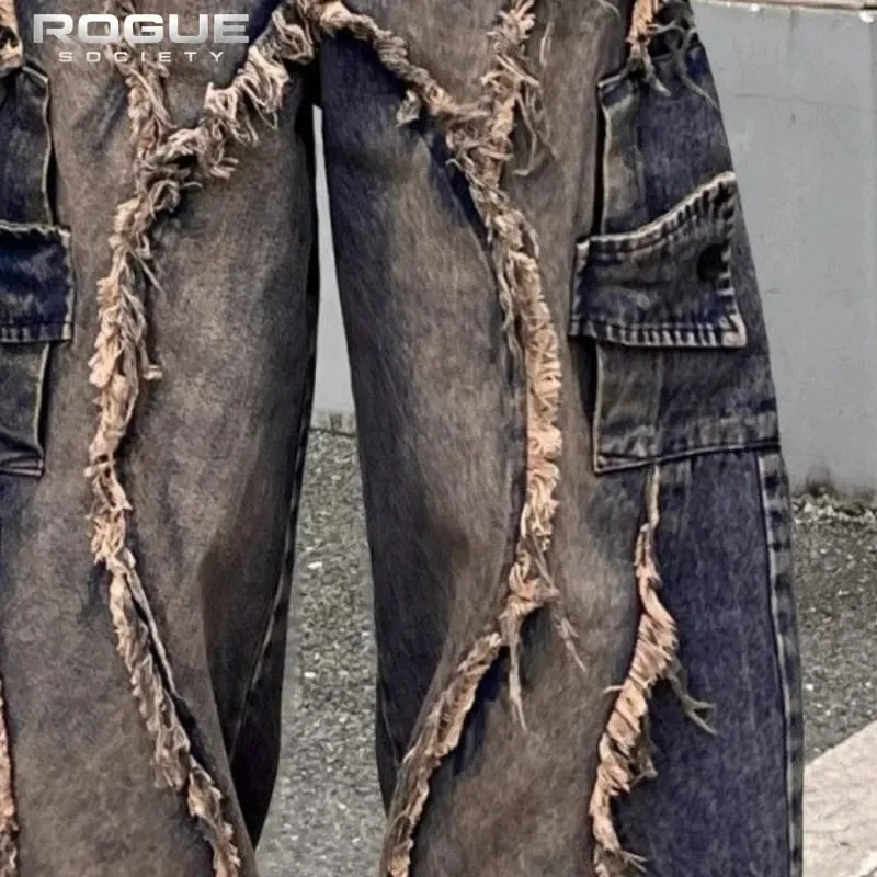 Y2K Grunge Deconstructed Distressed Farmer Uniszex Patchwork mosott széles szárú farmer nadrág Hip Hop utcai viselet Harajuku punk nadrág — image 6