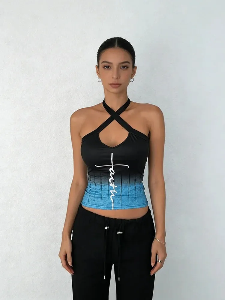 Damskie Tank top Wiosna Lato Czarny Niebieski Gradient Wiązany na szyi Krzyż W serek Wycięcie Odręczne Litera Szczupła Przycięte Szykowny Codzienny Casual — image 5