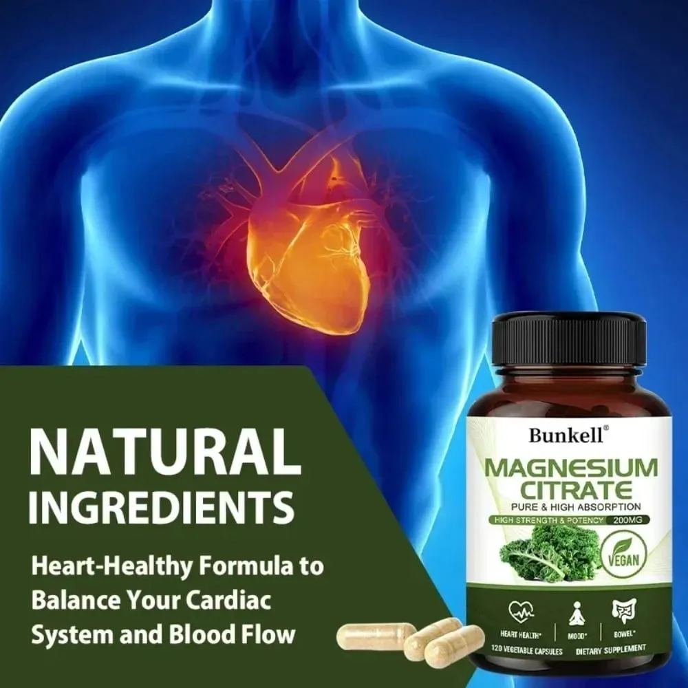 Magnesiumcitrat-Kapseln 200 mg – maximale Absorption für die Gesundheit von Muskeln, Nerven, Knochen und Herz, glutenfrei, gentechnikfrei — image 3