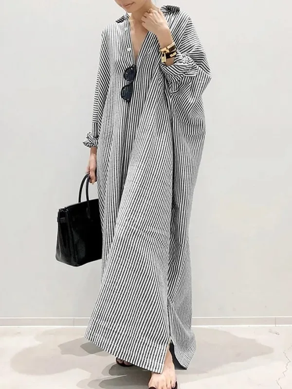ZANZEA Gaun Sundress Pesta Pantai Motif Garis 2025 Gaun Kerah Lengan Panjang Wanita Bohemian Musim Semi Musim Gugur Gaun Kerah Longgar Kasual Mode — image 8