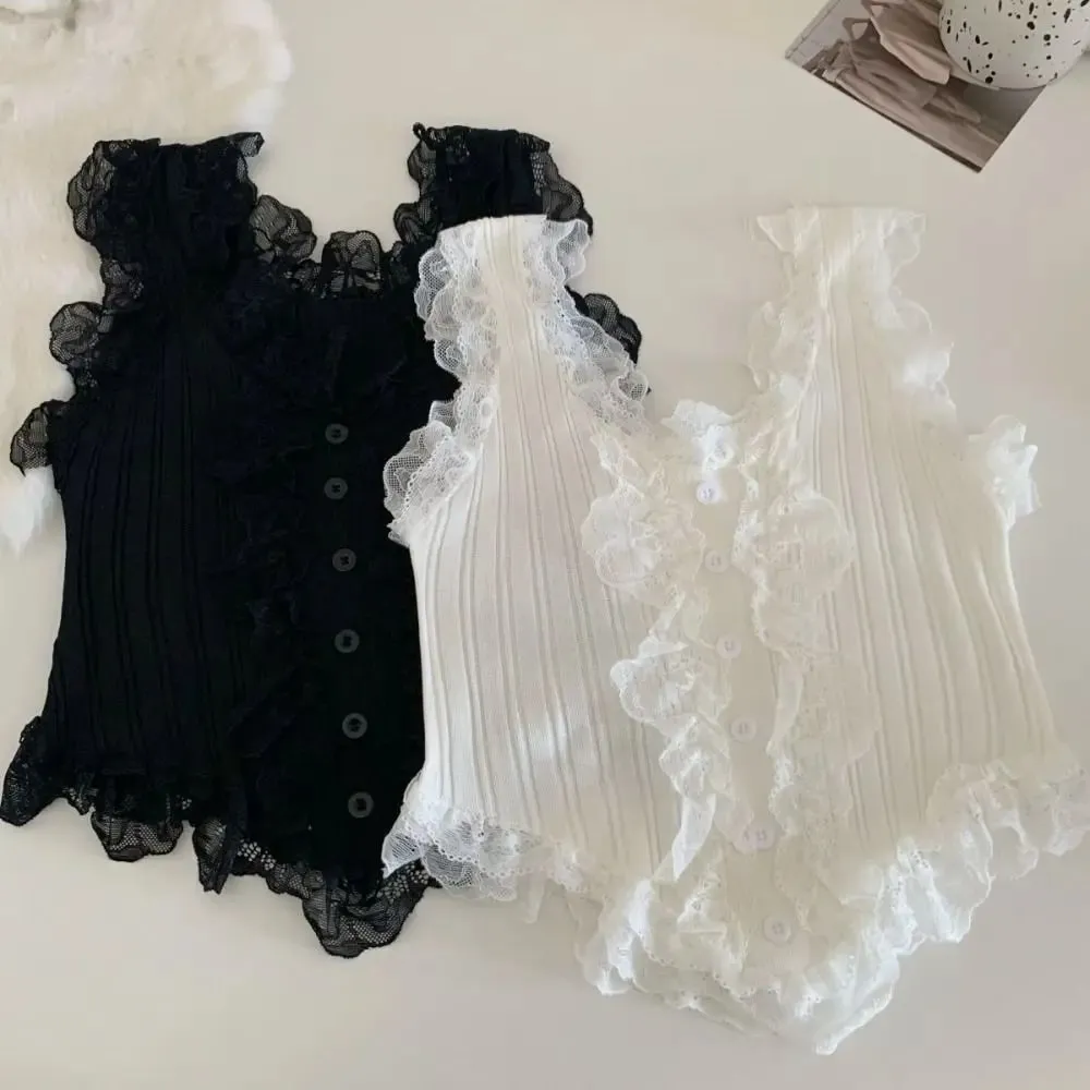 Cute Y2k Lace Knitted Crop Top Tank Korean Style Women's Knit Vest Top Undershirt Sweet Sleeveless Camisole Summer — image 8