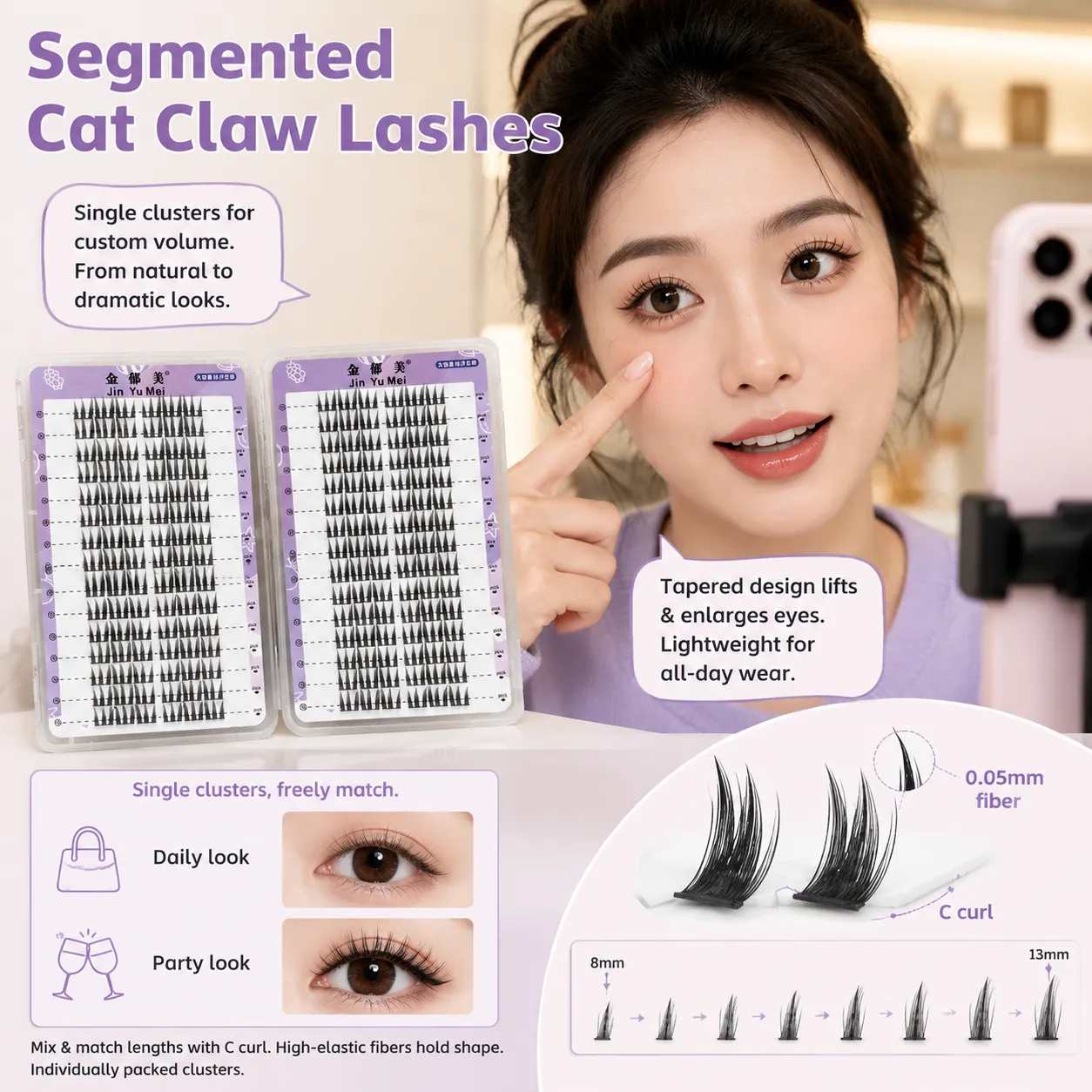 전문 메이크업 가짜 속눈썹 분할 된 고양이 발톱 속눈썹 C 컬 자연 볼륨 여성을위한 극적인 눈 향상 — image 3