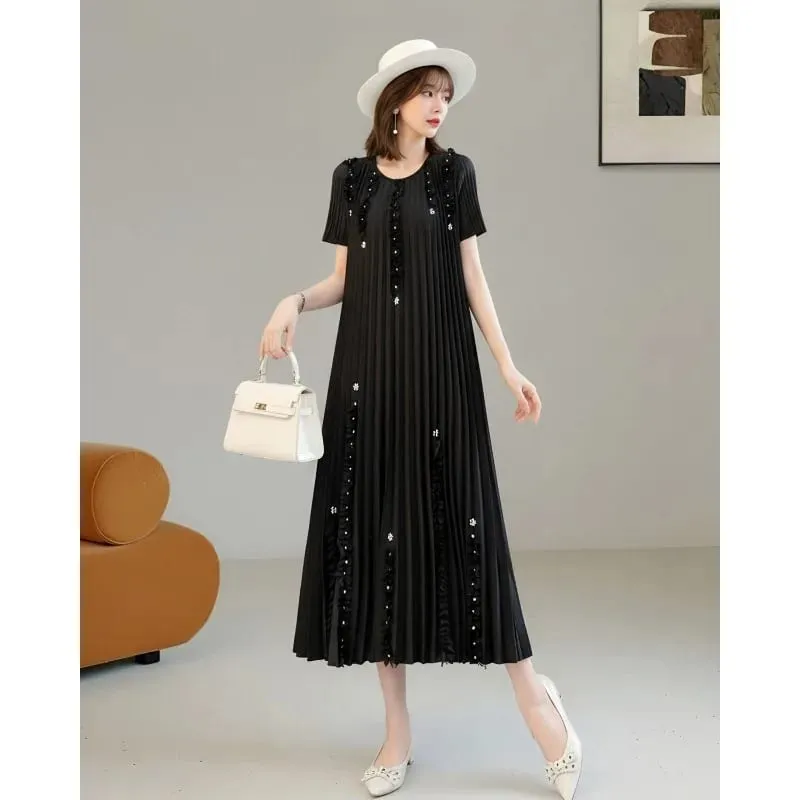 Miyake Abiti eleganti a pieghe Donna 2026 Estate Nuova vacanza Abito in tinta unita Pieghe allentate Manica corta Plus Size Abito pieghevole — image 5