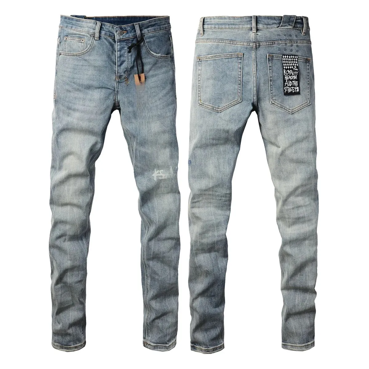 Jean en denim vieilli délavé bleu High Street pour hommes avec braguette boutonnée à motif de lettre brodée, adapté à un usage toutes saisons — image 8