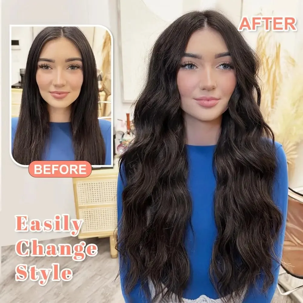 Clip in dlouhé vlnité syntetické vlasy prodlužování 24 palců černé 6ks tlusté příčesky Fiber Double Weft vlasy pro ženy — image 5