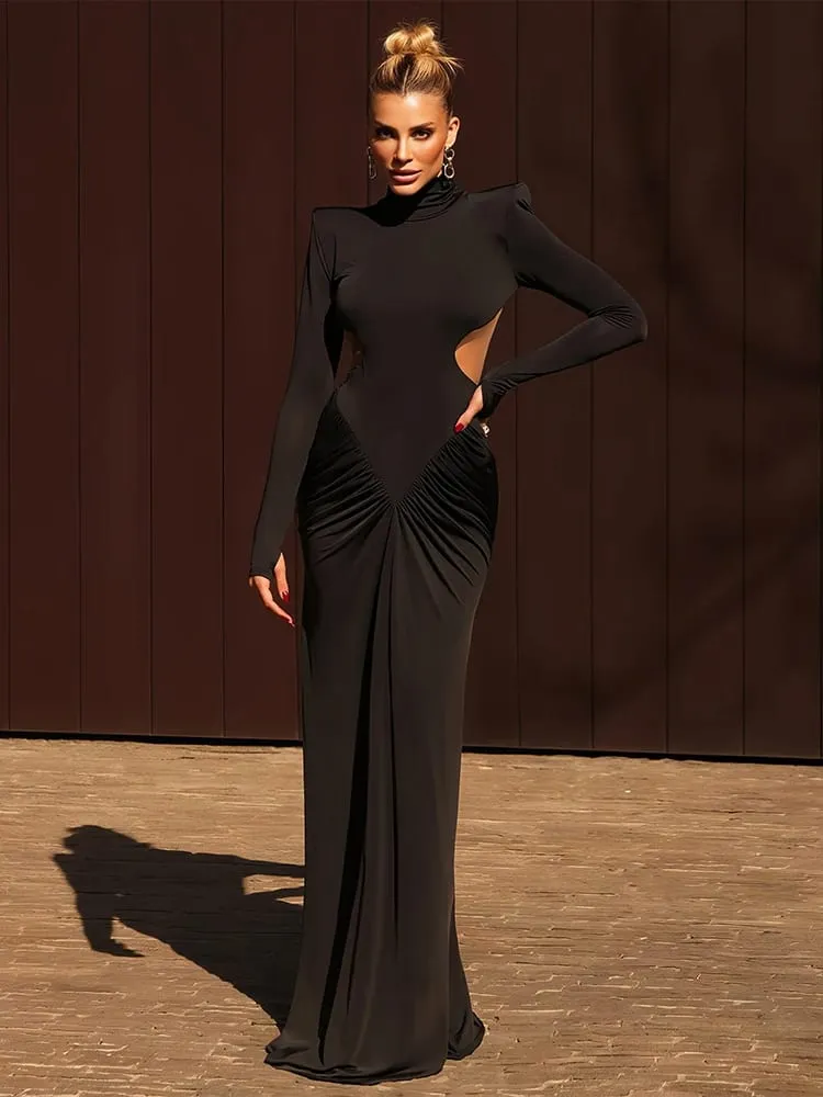 Weird Puss Backless Maxi Dress Women Shoulder Pads Long Sleeve Waistless Peach Buttocks Ruched Elegant Banquet Skinny Vestidos — image 5
