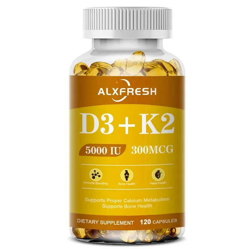 D3K2 Vitamin Capsules 5000 IU 300 mcg for Calcium Absorption Bone Teeth Immune & Heart Health Non-GMO