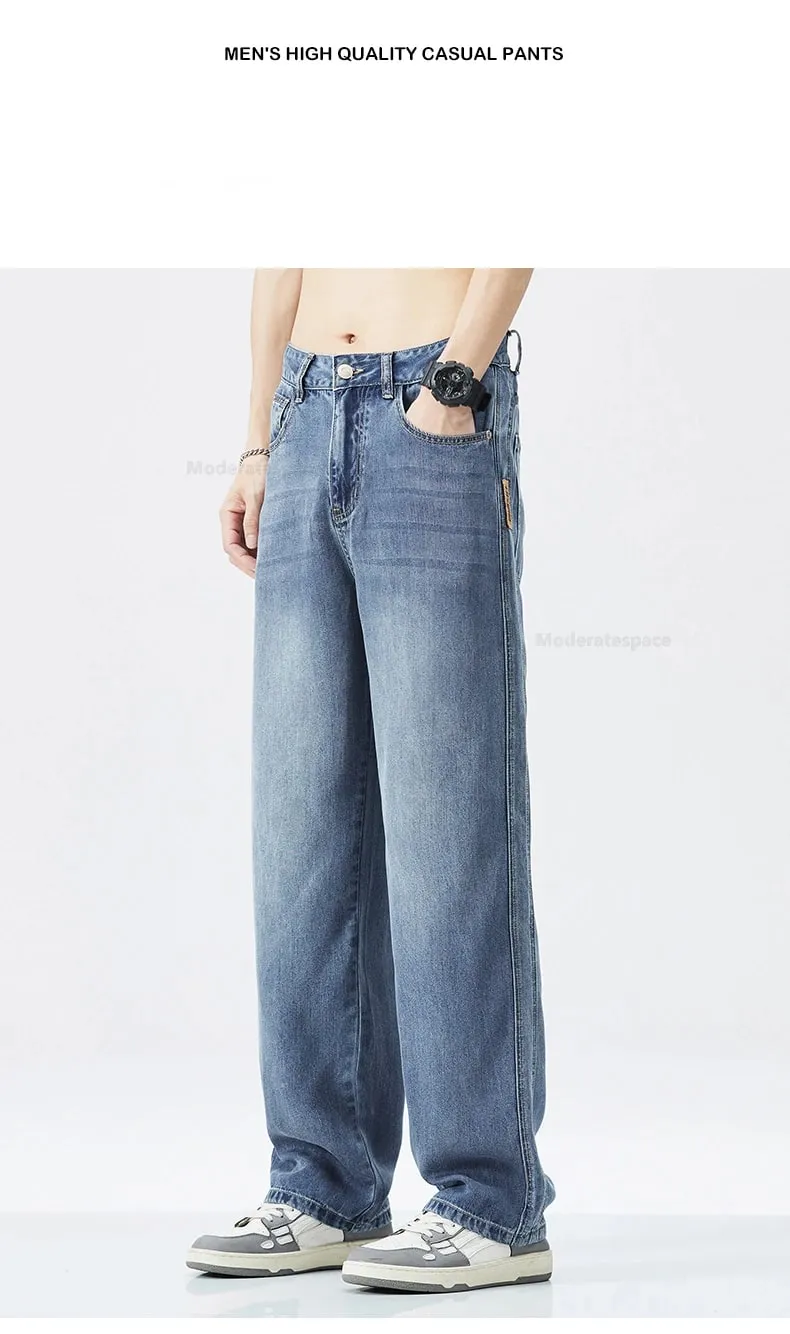 Stretch Jeans Männer 2024 Neue Lyocell Stoff Hohe Qualität Weiche Lose Breite Hosen Elastische Taille Casual Denim Hosen Streetwear — image 9