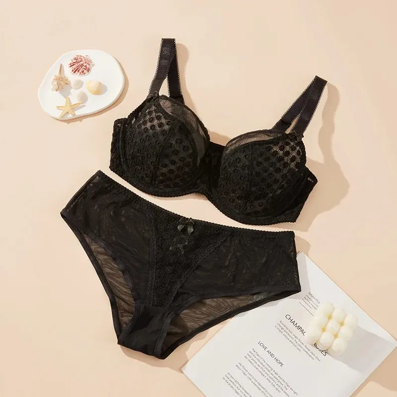 Wanita Curvy Plus Size Polka Dot Mesh Lace Bra Set Panty Underwire Support Full Figure Big Cup E F G H I Breathable Lingerie 2pcs — image 7