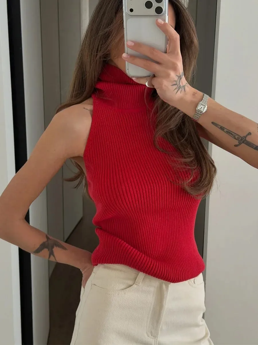Débardeur sans manches en tricot de couleur unie pour femmes, col haut, dos nu, légèrement ajusté, gilet court, mode quotidienne minimale, tenue décontractée — image 9